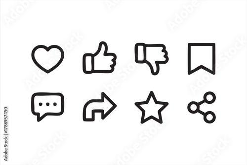 Online interaction and reaction line art icons for social media and technology design