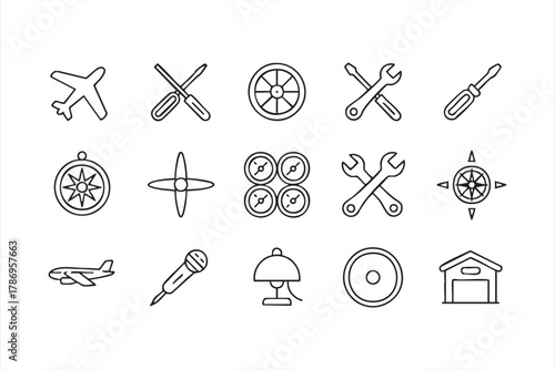 Aircraft maintenance and engineering line icons set for aviation and aerospace design