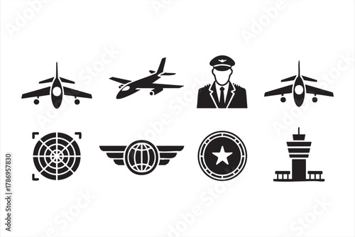 Aviation and pilot line icons set for airplane and aerospace design projects