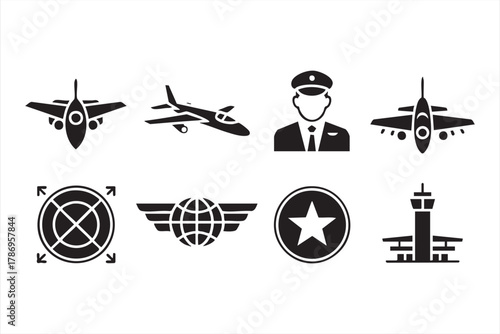 Line icons of airplane, control tower, and wings for navigation and aerospace themes