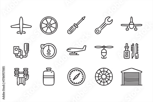 Airplane maintenance and repair line icons set for aviation and aerospace design projects