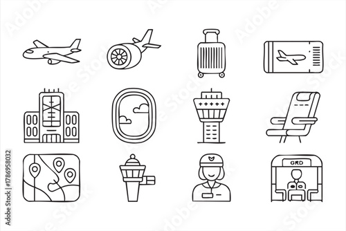 Aviation and tourism outline icons pack for airport and airline design visuals