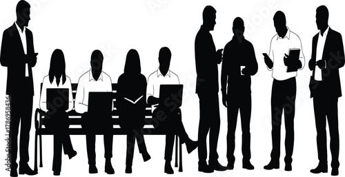 Business People Silhouette Working and Waiting, Sitting on Bench with Laptops, Standing and Communicating, Modern Office Environment and Digital Technology Use Concept.