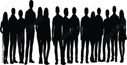 Large Group of Diverse Young People Crowd Silhouette Standing Together, Unity and Community Concept, Youth Social Gathering and Friendship, Black Figures Vector.