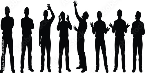 Silhouette collection of diverse b students, or audience members standing, posing, applauding, celebrating, and expressing different emotions with various hand gestures, isolated on a white background