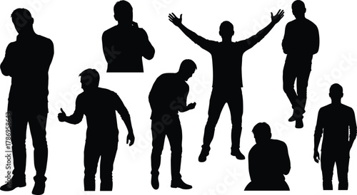 Extensive vector collection of diverse male silhouettes representing daily routines, walking, running, carrying items, using smartphone technology, and moving forward, isolated on white background.