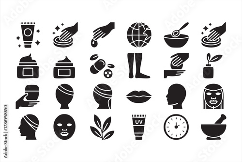 Minimal black icons of skincare and cosmetic routine for spa and wellness visuals