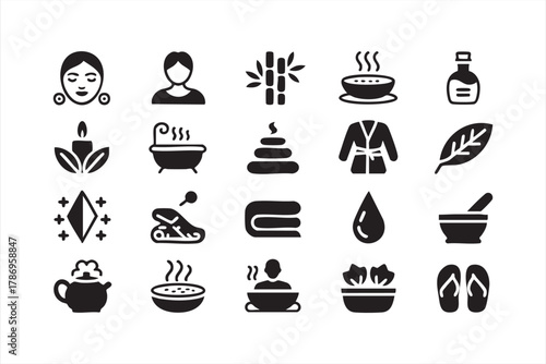 Self-care and relaxation solid icons pack for spa, therapy, and lifestyle design