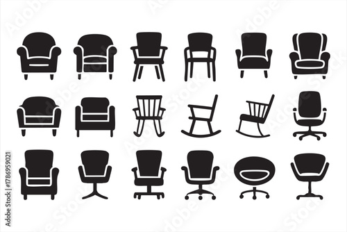 Black silhouette icons of chairs and sofas for furniture and interior design projects