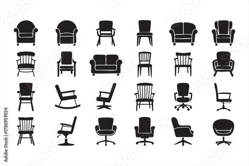 Vector set of modern chair and sofa icons for home decor and architecture layouts