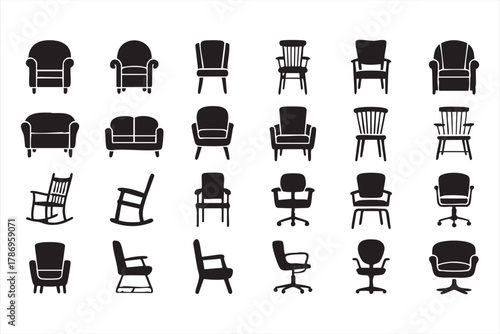 Solid black icons of modern furniture for home, workspace, and interior branding