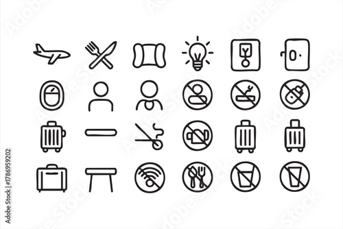 Airplane and inflight safety symbols line art icons for aviation and travel design