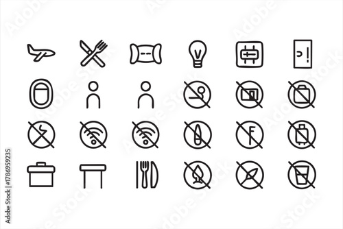Minimal black outline icons of airplane safety and onboard restrictions