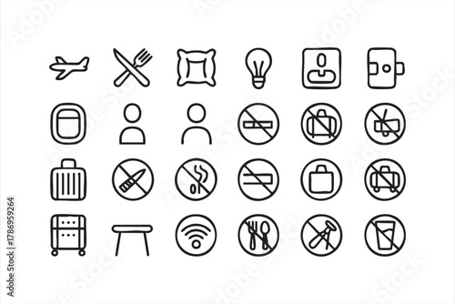 Vector icons of travel and aviation safety rules for airlines and airports