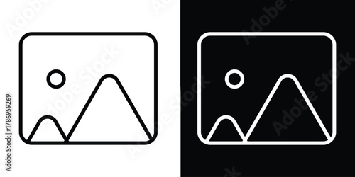 Photo or gallery icons with mountains and sun, representing image display, photo gallery, or media content in minimalistic design style eps 10