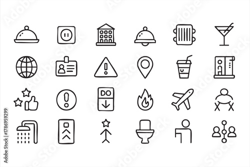 Hotel and hospitality service line icons set for travel and booking design