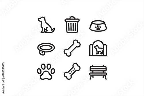 Dog care and accessories line icons set for pet shops and veterinary design