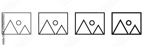 Photo or gallery icons with mountains and sun, representing image display, photo gallery, or media content in minimalistic design style eps 10