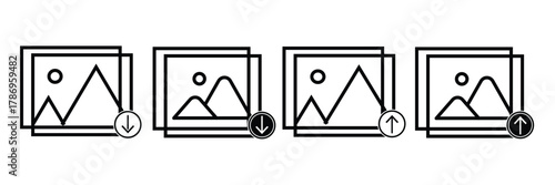 Photo or gallery icons with mountains and sun, representing image display, photo gallery, or media content in minimalistic design style eps 10