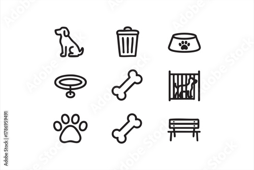 Dog care vector icons including leash, bowl, and paw symbols in outline style