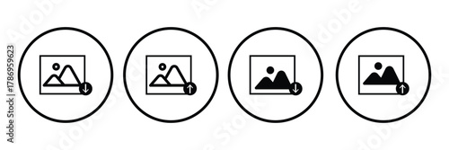 Photo or gallery icons with mountains and sun, representing image display, photo gallery, or media content in minimalistic design style eps 10