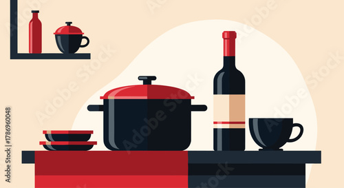 Stylish kitchen scene with cooking pot, wine bottle, and cups evoking culinary inspiration and cozy moments