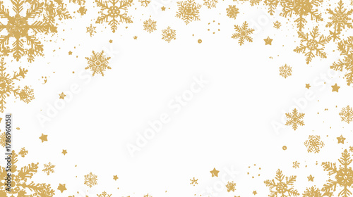 Delicate gold snowflakes gracefully cascade around a pristine white background, creating a festive and elegant frame perfect for winter holiday greetings.