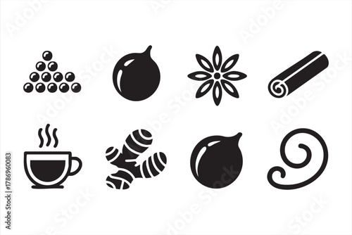 Bold black silhouettes of herbs and spices in vector style