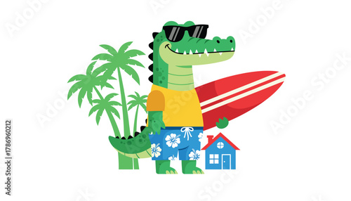 Cool alligator surfer dude with sunglasses, surfboard, and palm trees embodies a vibrant summer vacation vibe