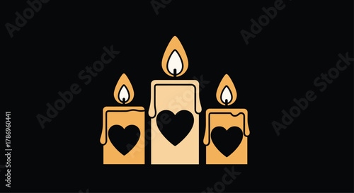 Three glowing candles with heart symbols cast a warm, comforting light evoking love, remembrance, and peace