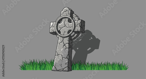 Ancient Celtic cross monument stands weathered and cracked amidst vibrant green grass, casting a long shadow