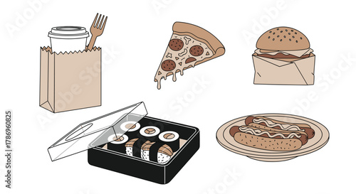 Delicious assortment of fast food and takeout items including pizza, sushi, burgers, coffee, and hot dogs