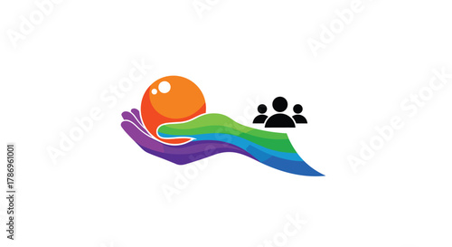 Vibrant hand nurturing community growth and opportunity with colorful abstract design and people icons