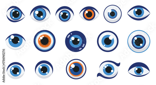 Diverse collection of stylized eyes showcasing vibrant blue irises and expressive designs perfect for health or creative projects