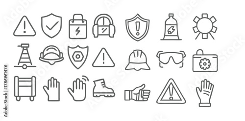 Work Safety & Industrial Protection Icons | Minimal Black Line Vector Set on White Background