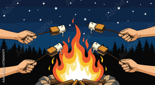 Joyful friends gather around a vibrant campfire making delicious s'mores under a starry night sky