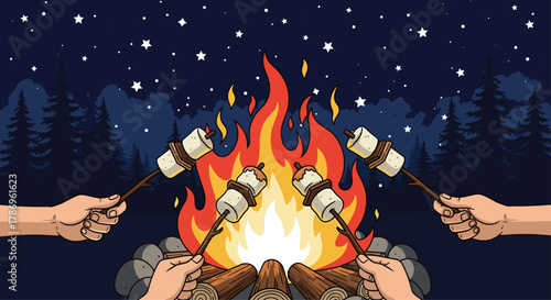 Joyful friends gather around a vibrant campfire at night, toasting marshmallows under a starry sky for classic outdoor fun
