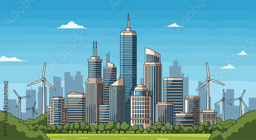 Modern city skyline powered by clean wind energy, showcasing sustainable urban development and future growth