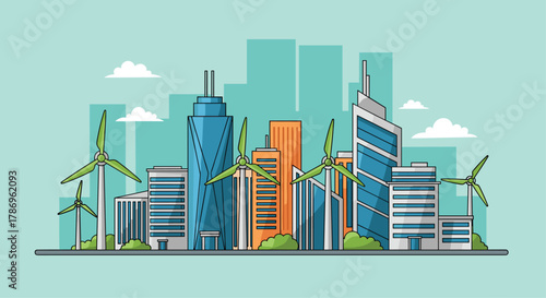 Sustainable cityscape with modern skyscrapers and wind turbines generating clean energy for a greener future