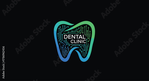 Modern dental clinic logo featuring a tooth with circuit board design, representing innovation and technology in oral care