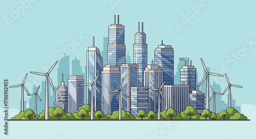 Modern cityscape harmoniously blends towering skyscrapers with clean energy wind turbines, symbolizing sustainable urban development and innovation