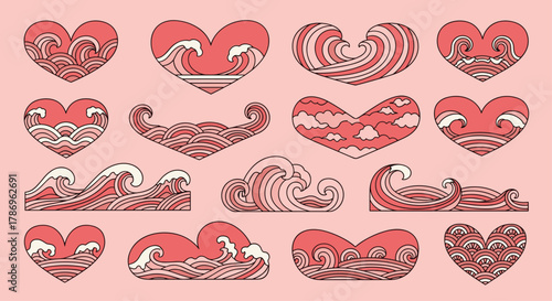 Vibrant stylized wave patterns elegantly fill heart shapes, evoking romance and natural beauty for unique designs