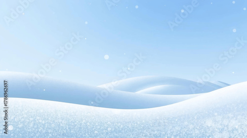 A serene winter landscape showcases rolling snow-covered hills under a pale blue sky, with gentle snowflakes falling, evoking a sense of calm and cold beauty.