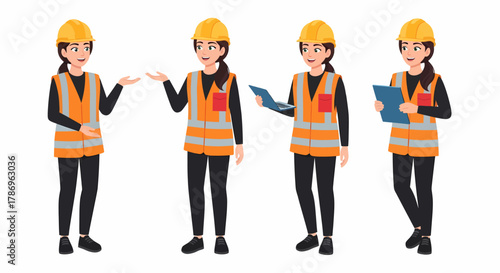 Set of a female industrial worker character in a hard hat and safety vest, shown in various poses with a laptop and clipboard.