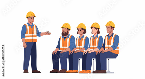 A construction foreman addresses a group of workers sitting in a line, all wearing hard hats and safety vests.