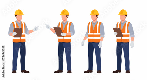 Four construction workers in safety vests and helmets, holding clipboards, in various poses.
