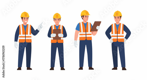 Set of male construction worker characters in different poses, wearing safety vest and hard hat.