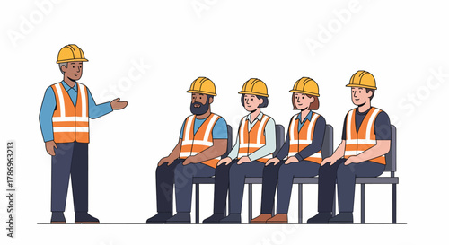 A diverse group of construction workers attend a safety briefing, led by an instructor wearing a hard hat and safety vest.