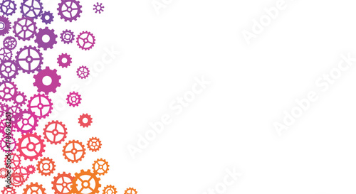 Dynamic gears in vibrant gradient colors cascade across a clean white background symbolizing innovation and collaboration