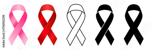 Breast cancer awareness pink ribbon icon, label, logo, badge, sign, symbol, poster, flyer, banner, campaign, line, flat vector, isolated illustration. Ribbon cancer with loop on white background.